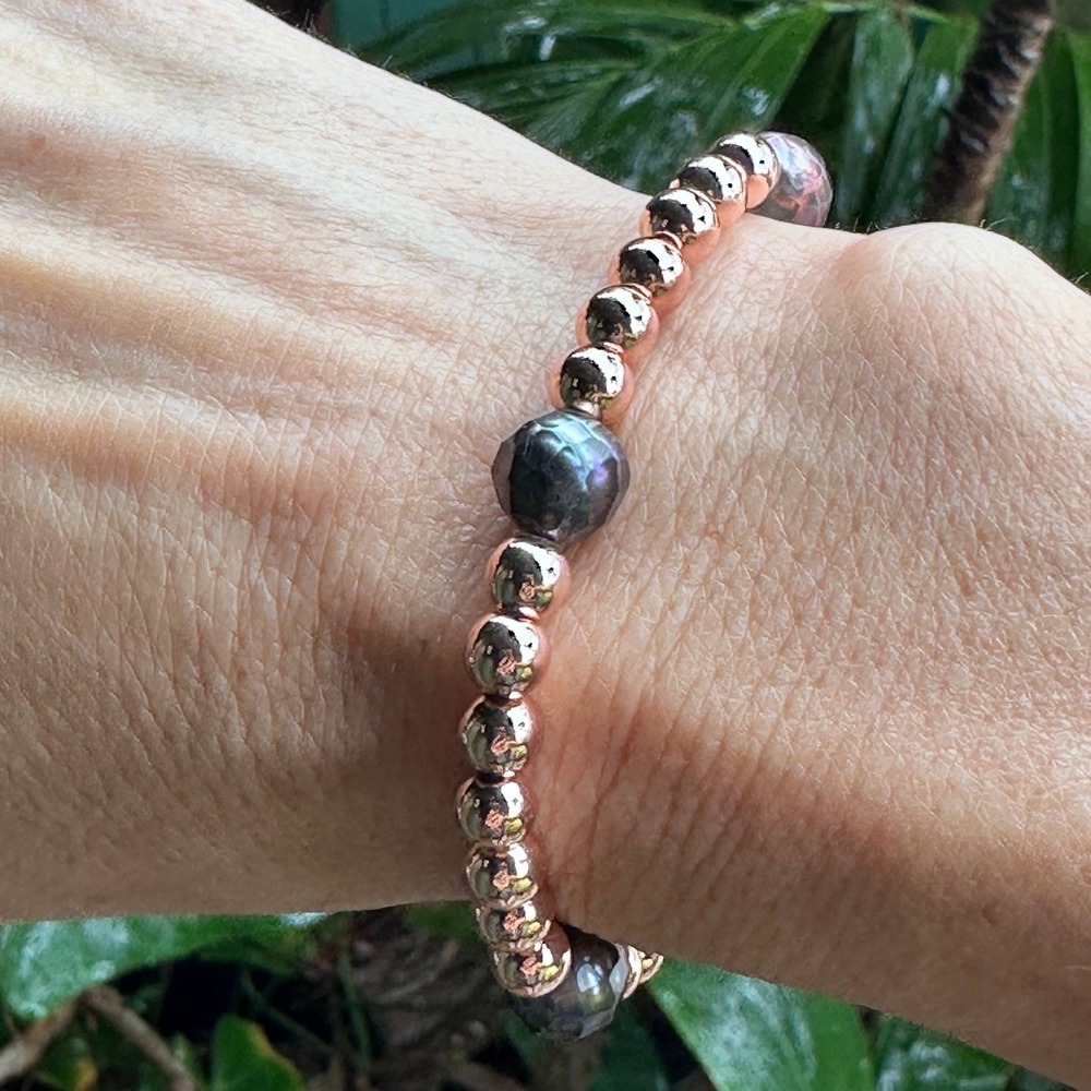Rose Gold-Filled Beaded Stretch Bracelet Faceted Iridescent Pearls Handmade